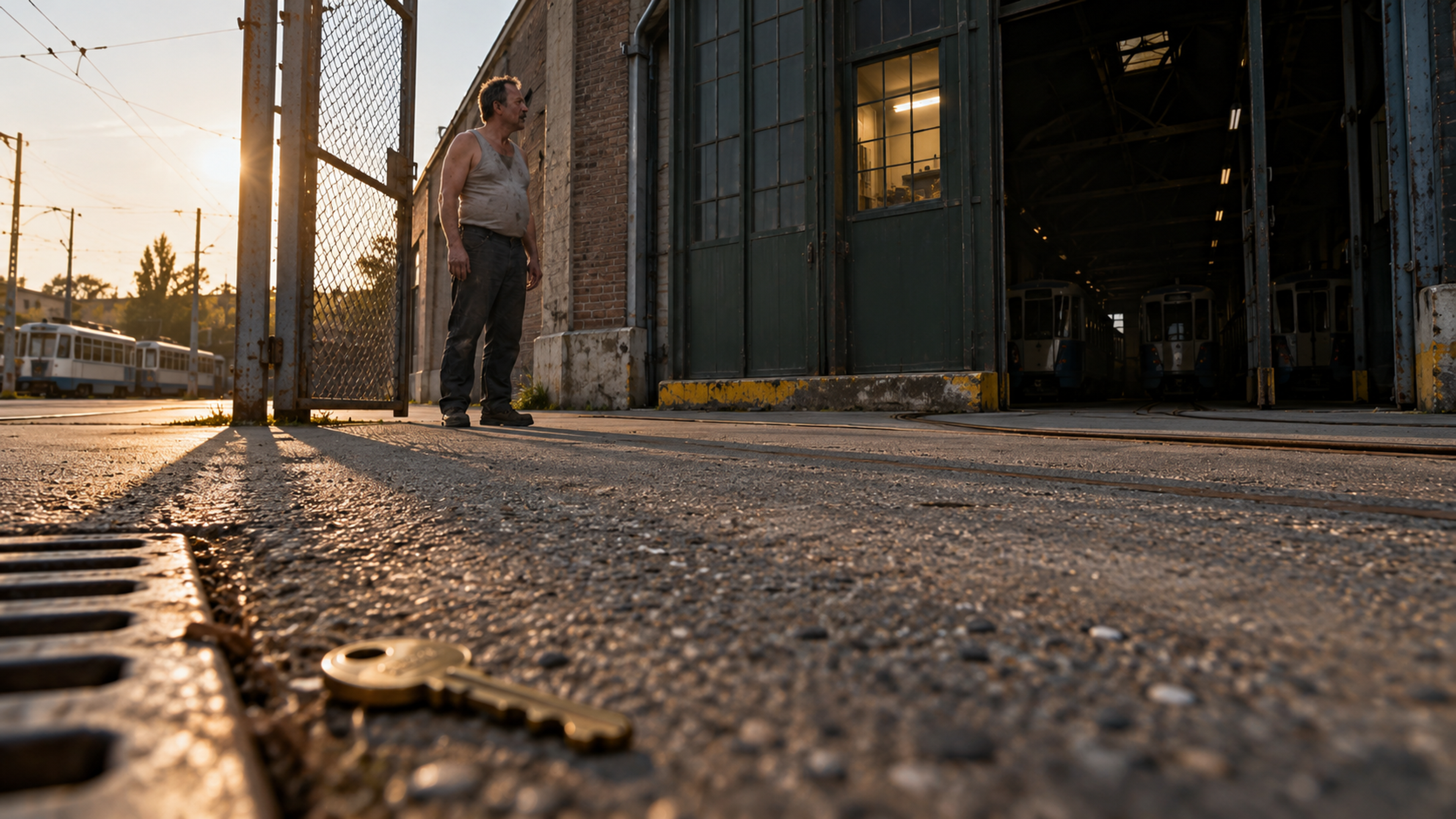 Brutalisti — A brass key dominates the pavement-level foreground while a person stands beside a tram-depot gate. Photographic take 01.