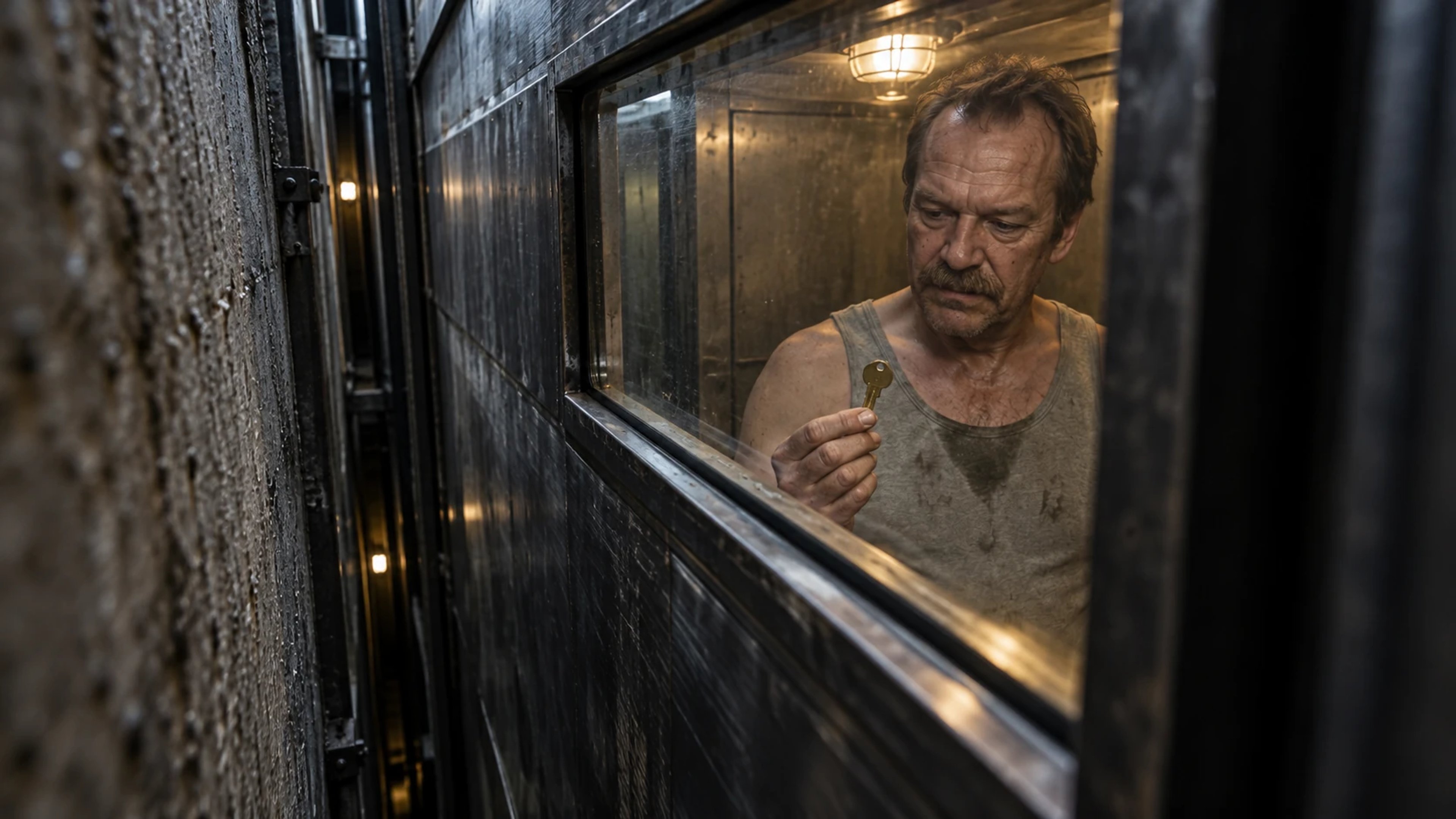 A man studies a small brass key through an elevator window, seen from the narrow gap between the cabin and a concrete shaft wall.