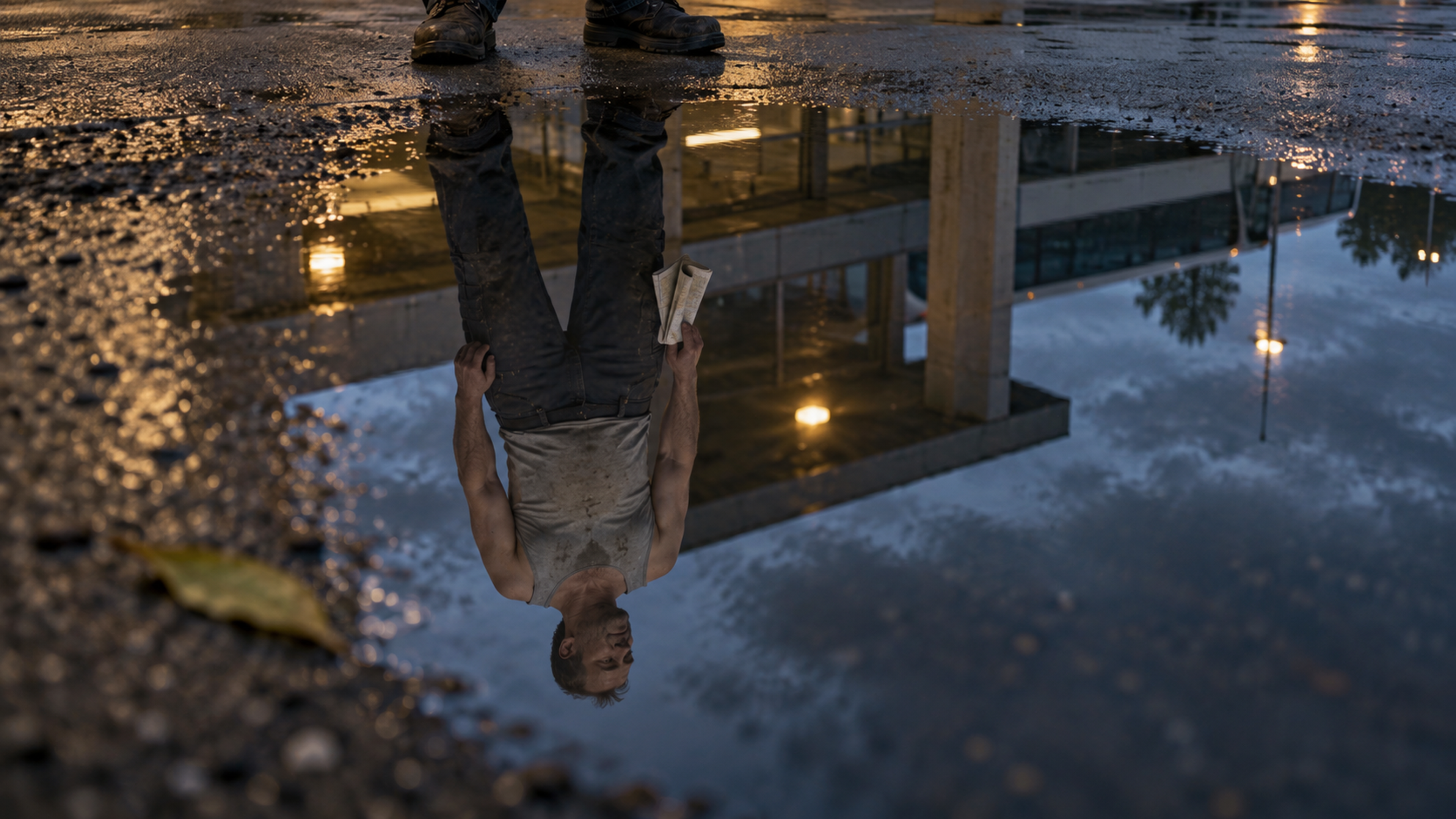 Brutalisti — A person and station canopy appear upside down in a shallow puddle, with their real shoes near the upper edge. Photographic take 01.