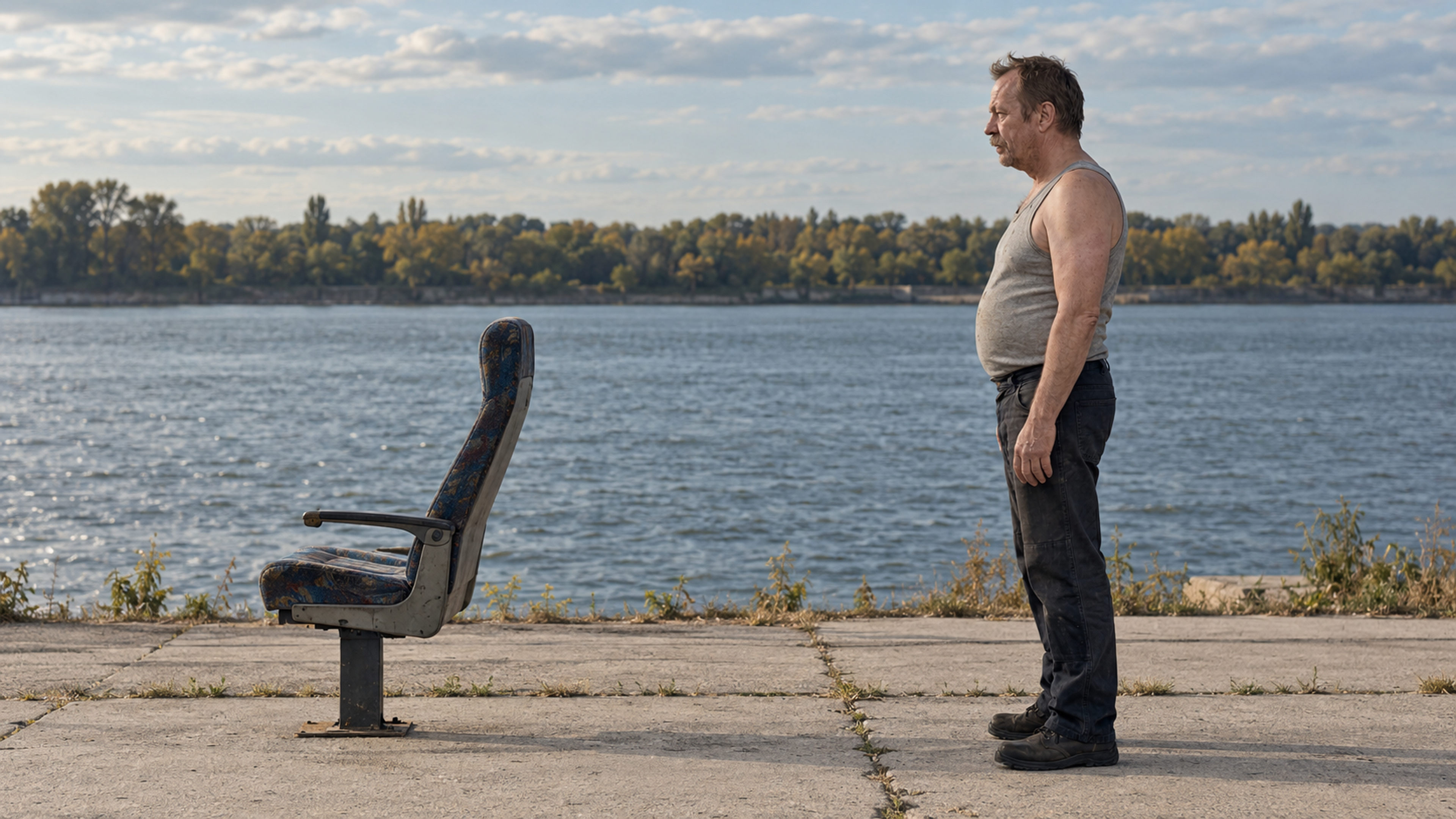 Brutalisti — A person in profile stands near a detached bus seat on a concrete flood embankment. Photographic take 01.