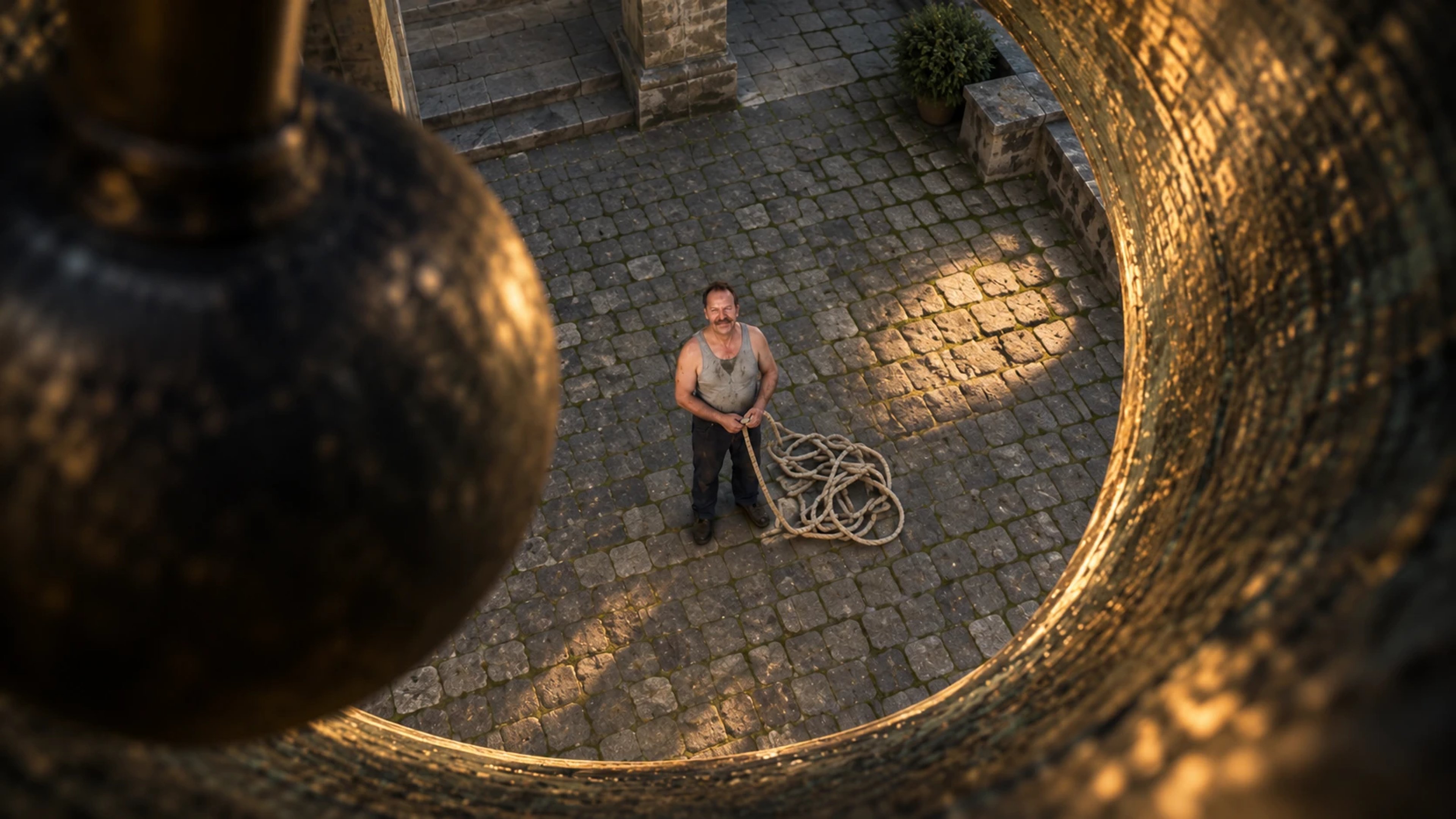 Seen from inside a bronze bell, a man looks up from stone paving beside a coil of rope, framed by the close iron clapper.