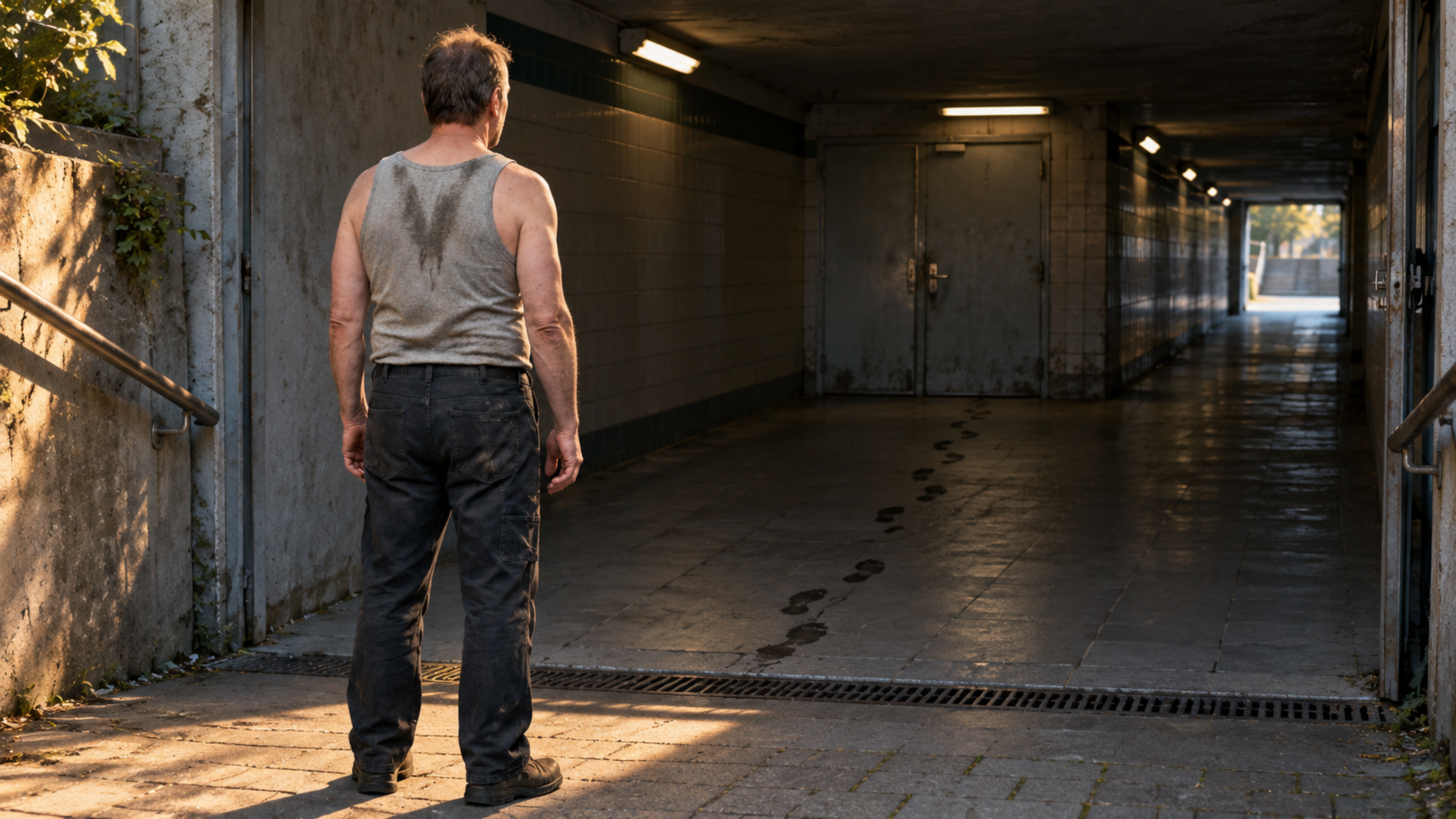Brutalisti — A rear view of a person paused at an underpass entrance, facing wet footprints that stop at a service door. Photographic take 01.