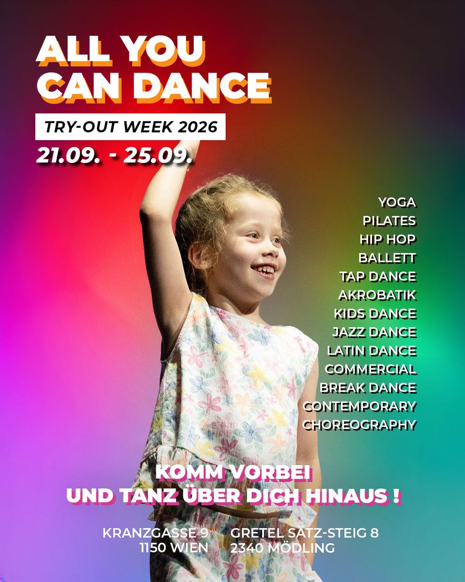 Plakat ALL YOU CAN DANCE Try-out Week mit einem lachenden Kind