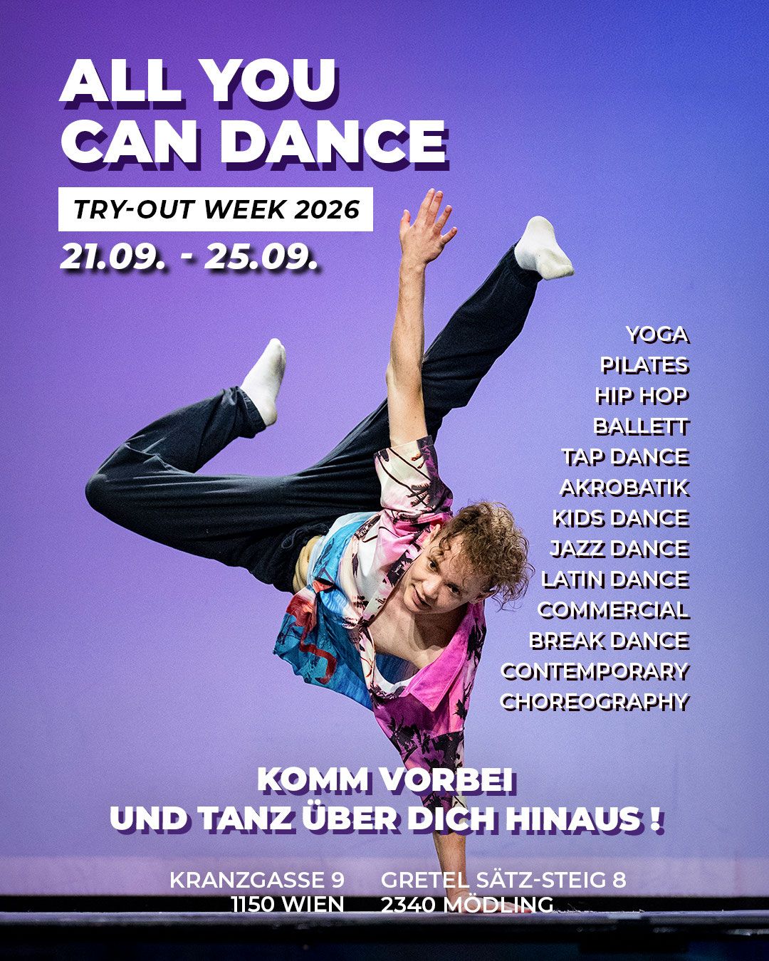 Plakat ALL YOU CAN DANCE Try-out Week 21. bis 25. September 2026 mit einem Tänzer im Sprung