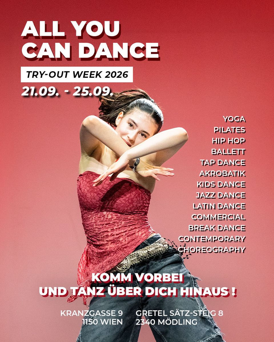 Plakat ALL YOU CAN DANCE Try-out Week mit einer Tänzerin