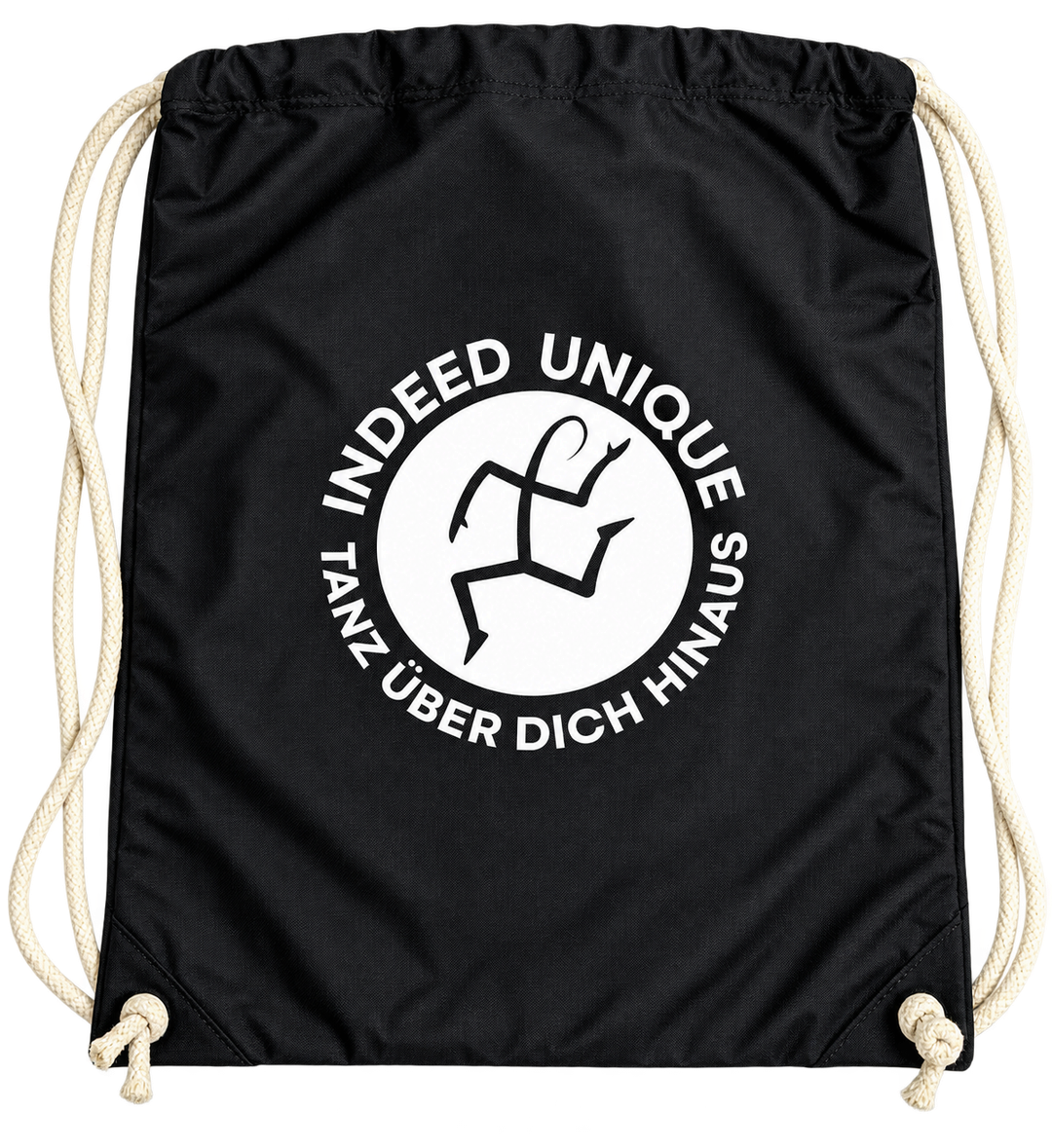 Schwarzer Turnbeutel mit weißem Logo und hellen Kordeln
