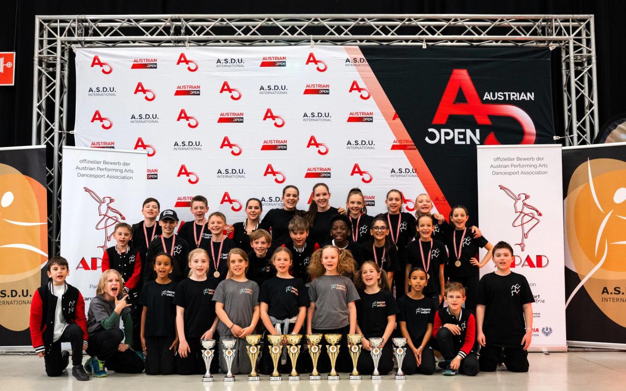 Die Kids-Teams von Indeed Unique mit Pokalen vor der Austrian Open Fotowand