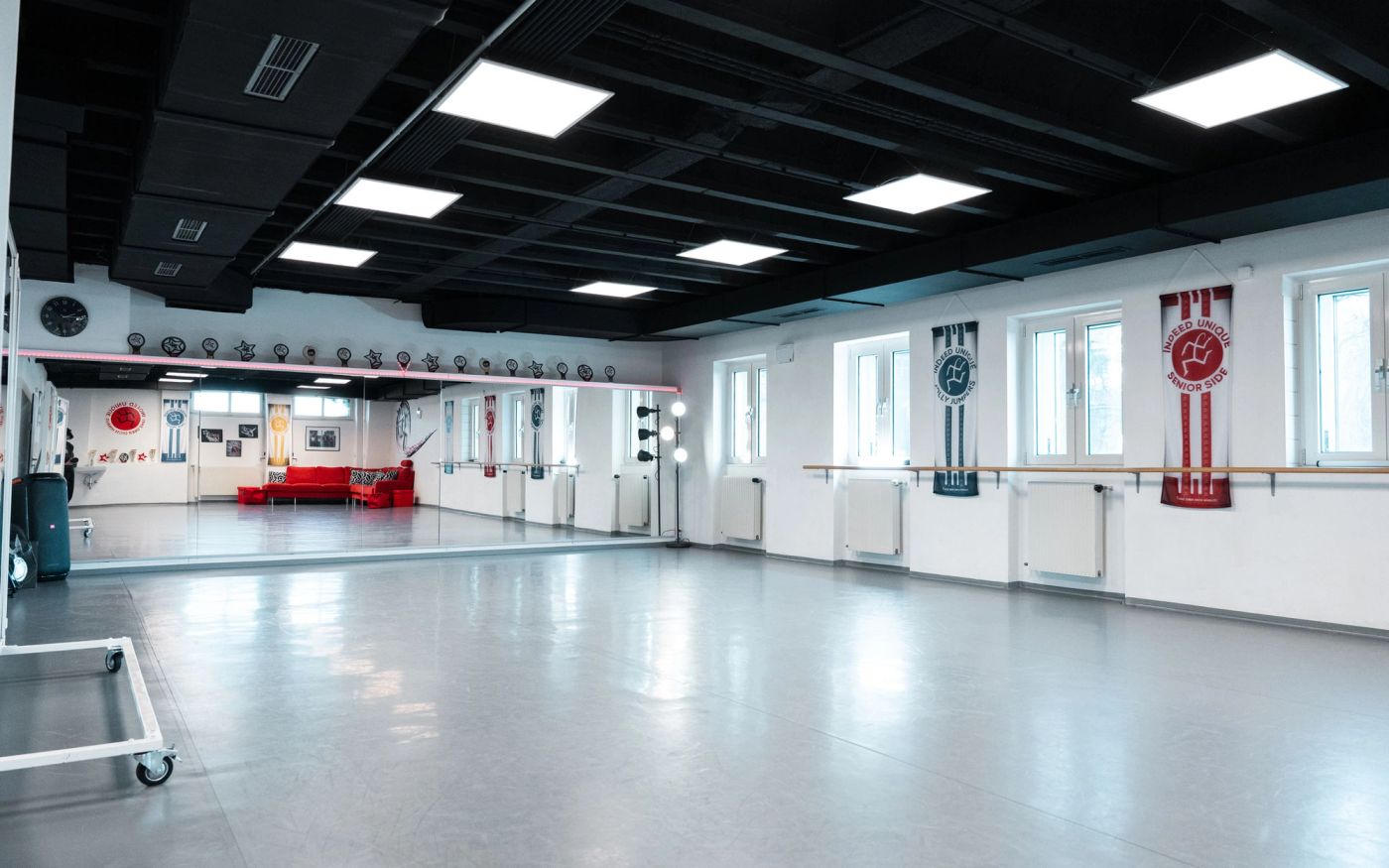 Light Floor: Fensterseite mit Ballettstange und mobiler Spiegelwand