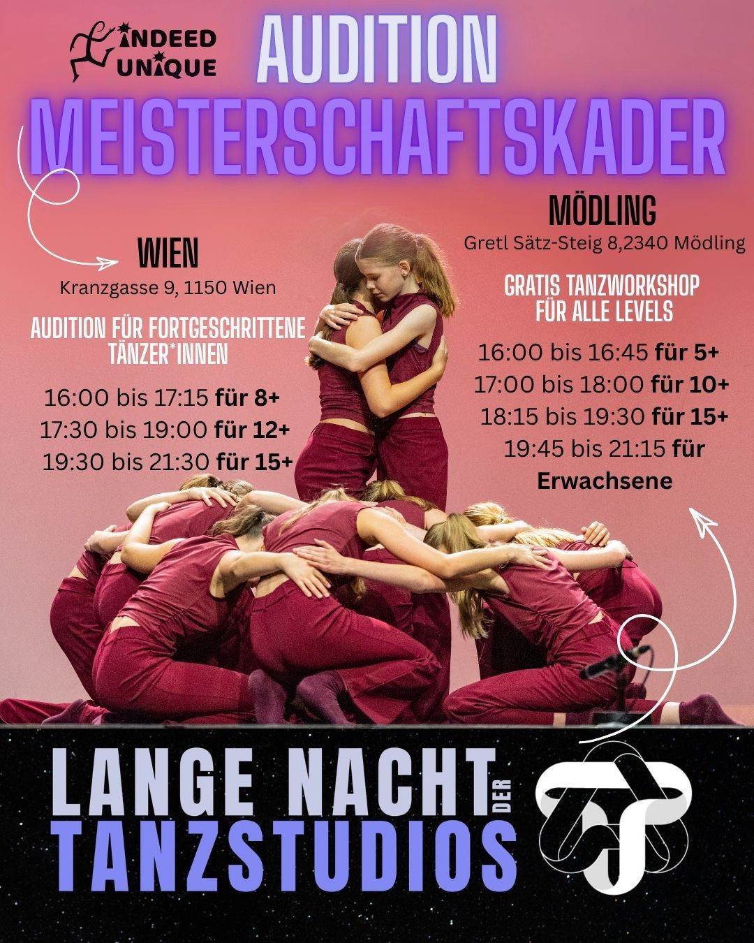 Plakat: Audition Meisterschaftskader in Wien und gratis Tanzworkshop in Mödling zur Langen Nacht der Tanzstudios