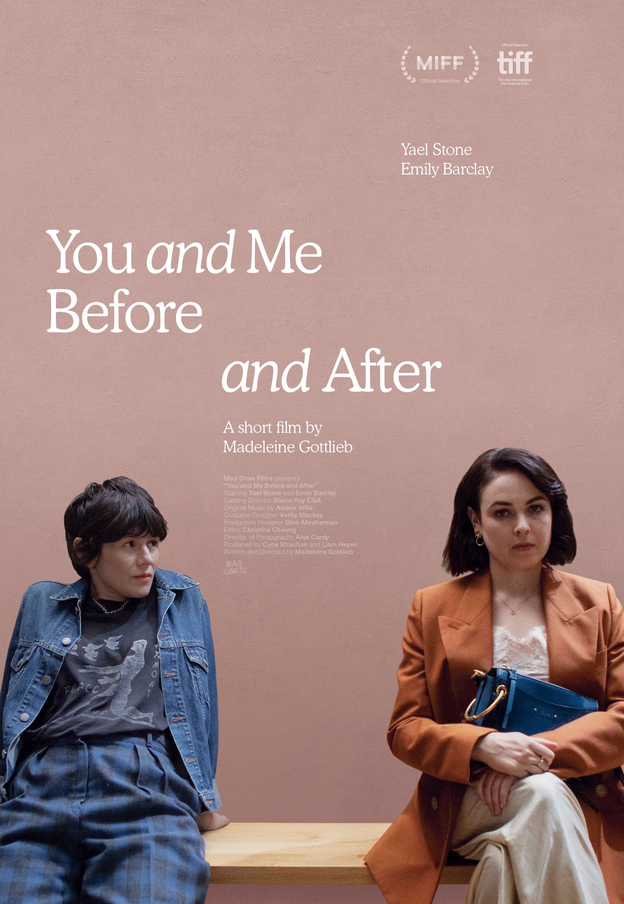 The You and Me, Before and After poster: the two sisters sit apart on a wooden bench against a pink wall.