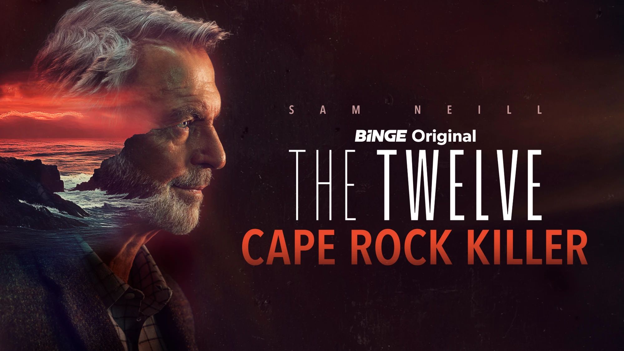 The Twelve: Cape Rock Killer key art: Sam Neill in profile, a red sunset over rocky coastline within his silhouette.