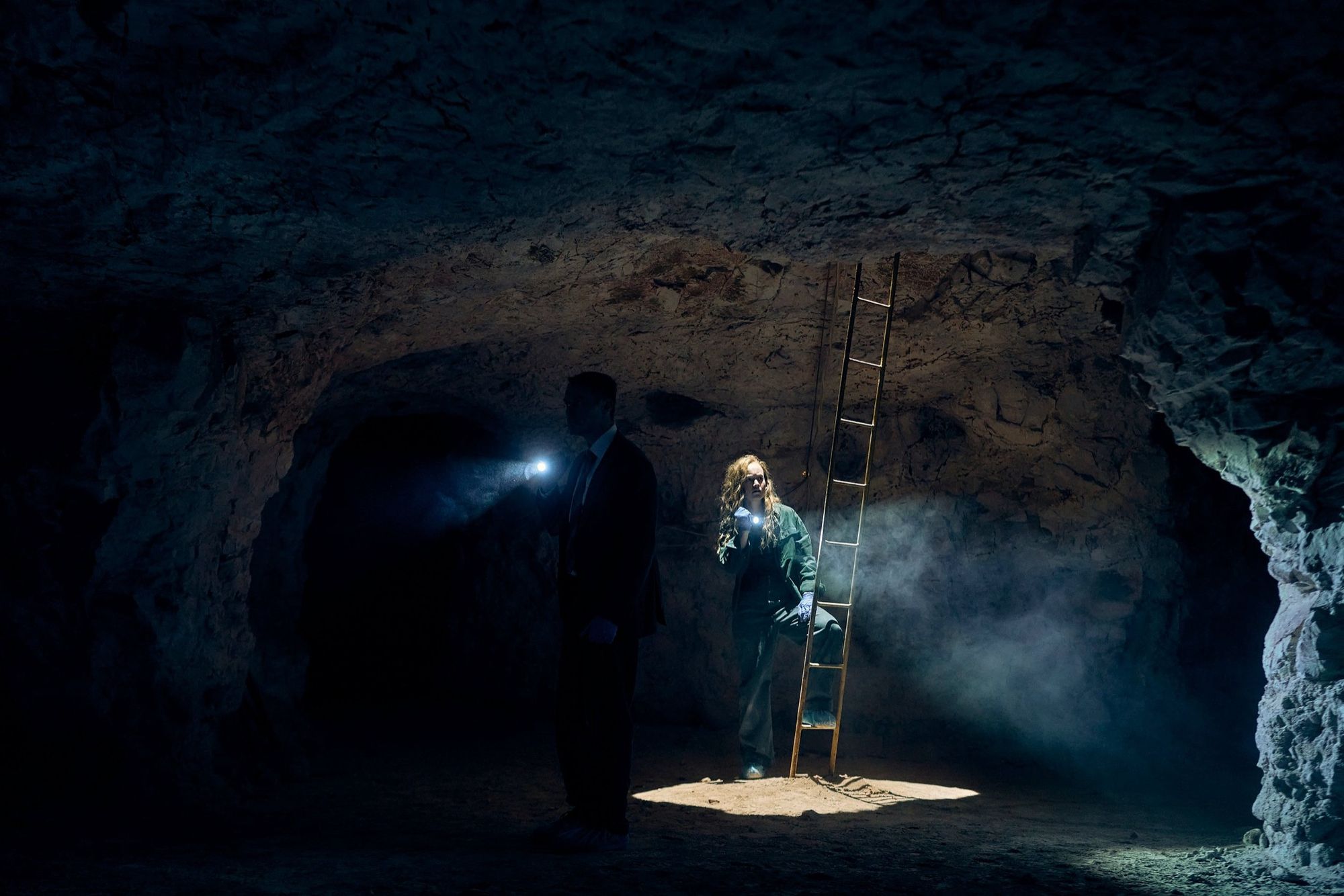 Two figures with torches in a carved underground tunnel beside a ladder.