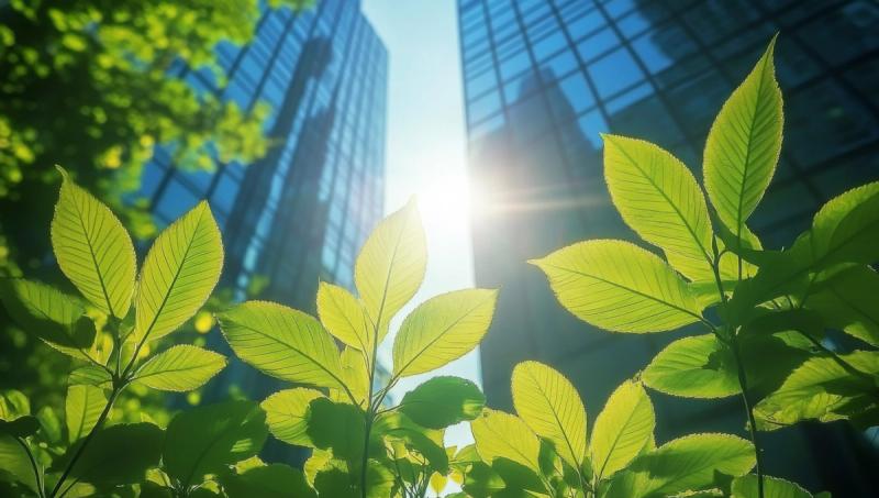 Buildings overlooking leaves illuminated by light representing business growth