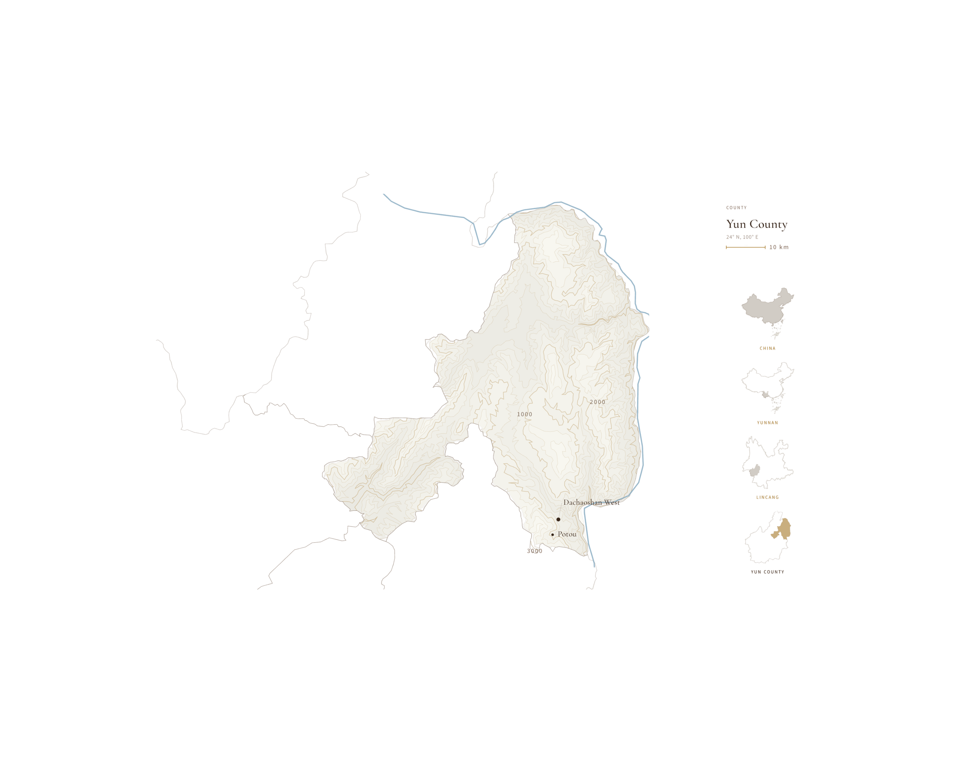 A map of Yun County in Lincang, Yunnan, showing Potou Village.