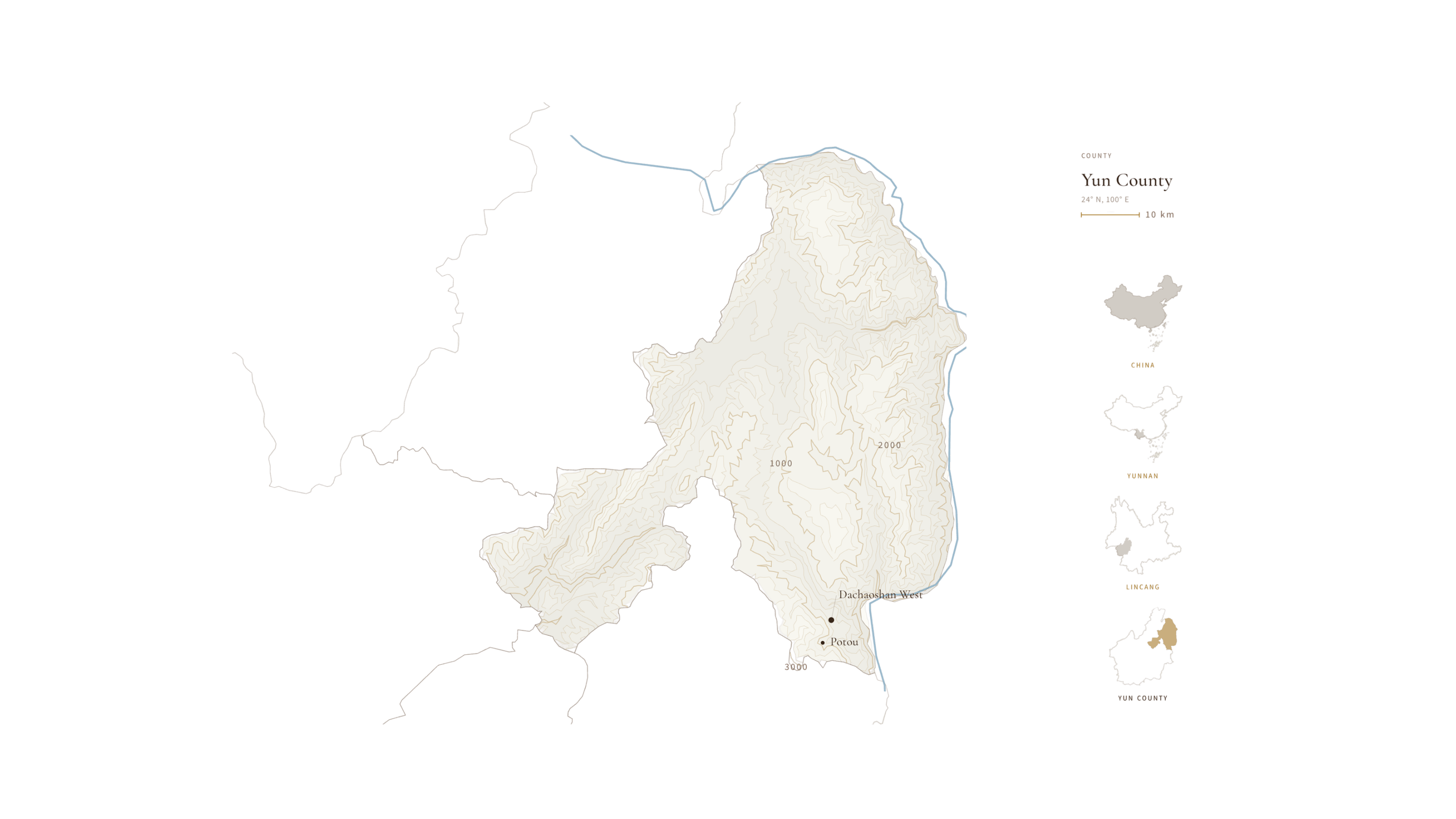A map of Yun County in Lincang, Yunnan, showing Potou Village.