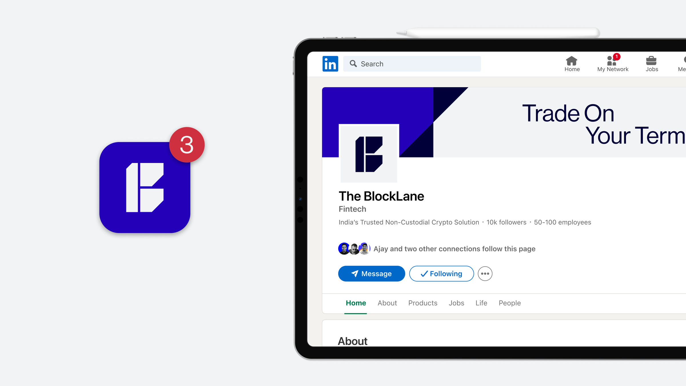 The block lane logo being placed as an icon and on a template in a LinkedIn profile.