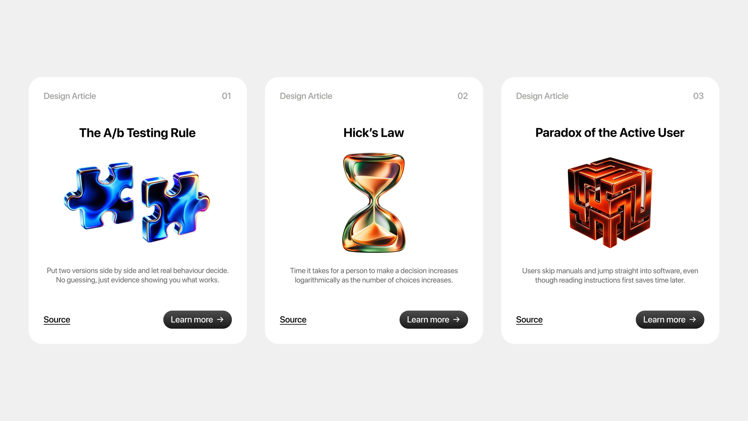 Card design for website section of design principles in 3d glass icons