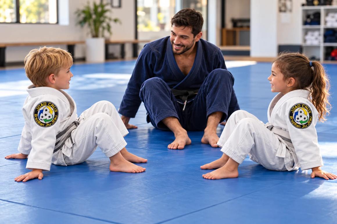 Illustration of a coach guiding two young children through a seated balance activity, with Joao Crus Brazilian Jiu Jitsu logo patches on their uniforms.
