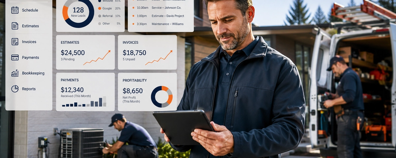 Trade Professional reviews business dashboard while team works on a single family home hvac unit in the background
