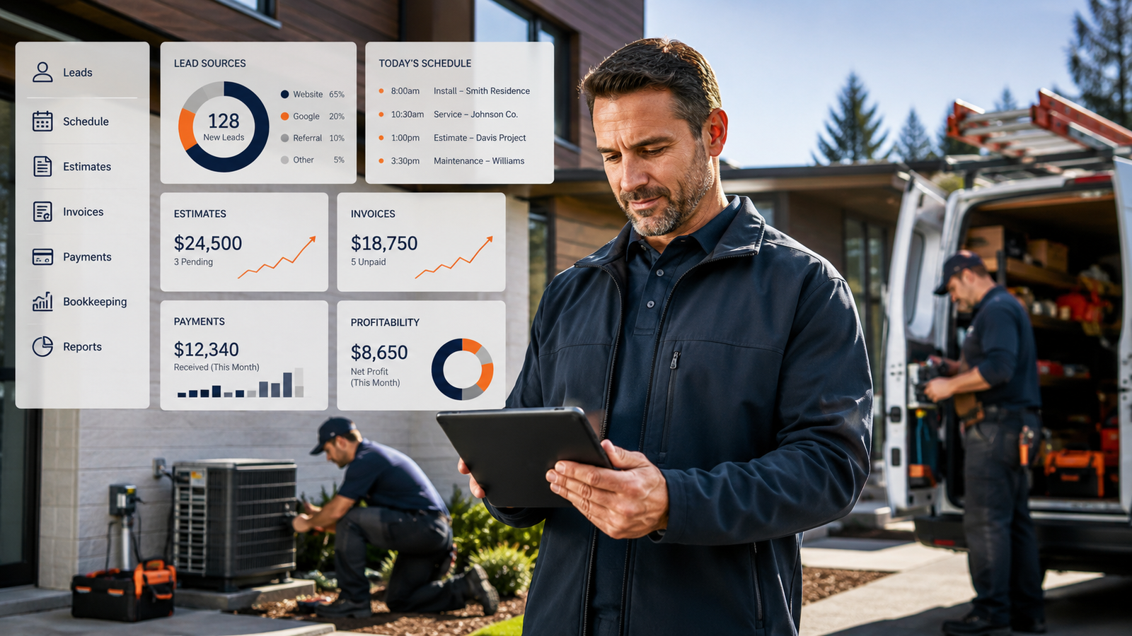 Trade Professional reviews business dashboard while team works on a single family home hvac unit in the background