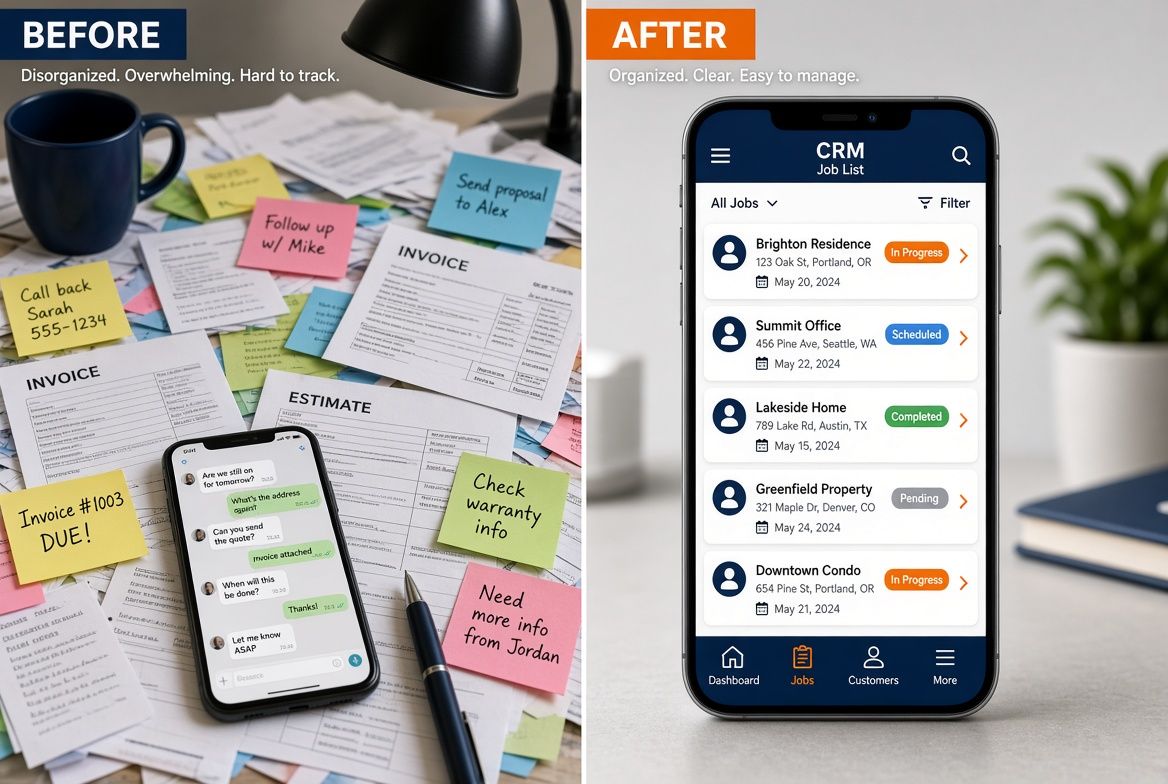 Messy paper notes versus organized CRM screen for trade businesses