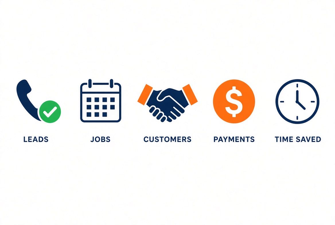 Icons showing CRM benefits for small trade professionals; leads, jobs, customers, payments, and time saved