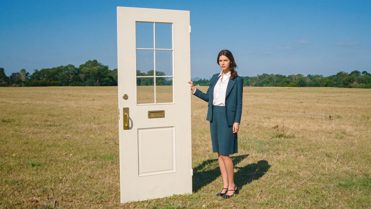 A real estate agent standing beside a freestanding front door in an empty field.