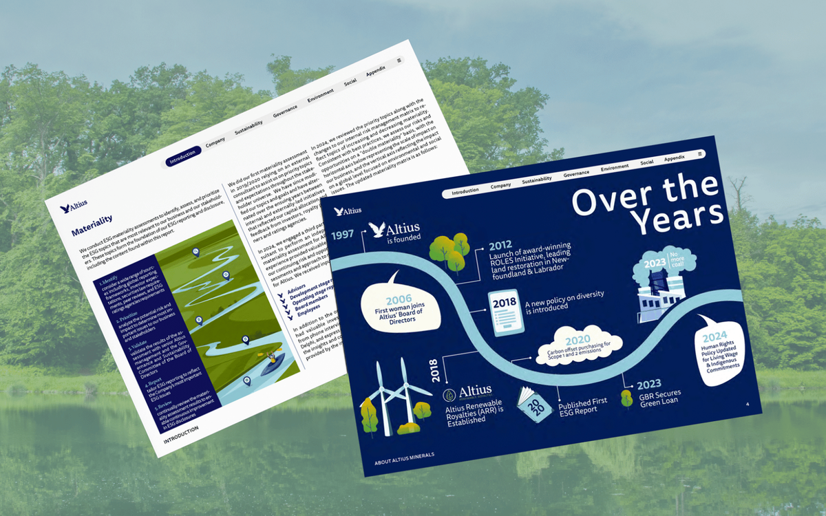 Two overlapping report pages showing an illustrated sustainability timeline and a materiality assessment page with icons and text.
