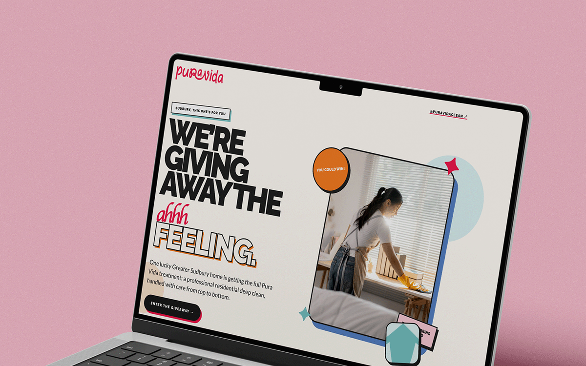 Laptop displaying a Pura Vida email newsletter promoting a free deep cleaning giveaway, featuring a photo of someone cleaning a window.