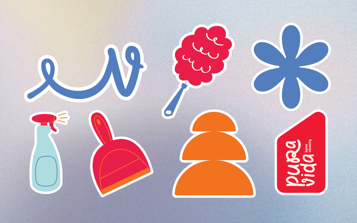 Seven hand-drawn sticker-style illustrations for a home cleaning brand, including a spray bottle, duster, dustpan, and decorative flower shapes.