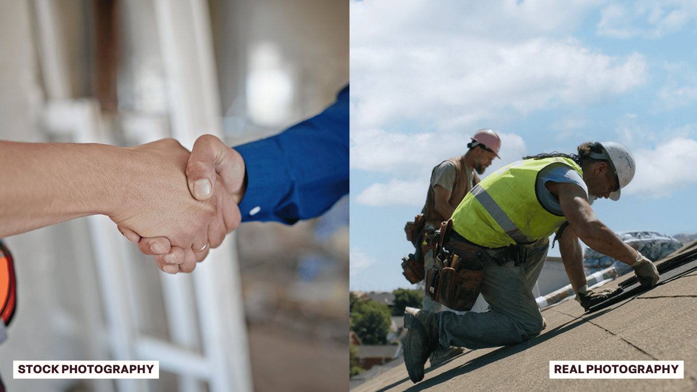 A close-up stock photo of a handshake beside a photograph of two roofers working on a roof.