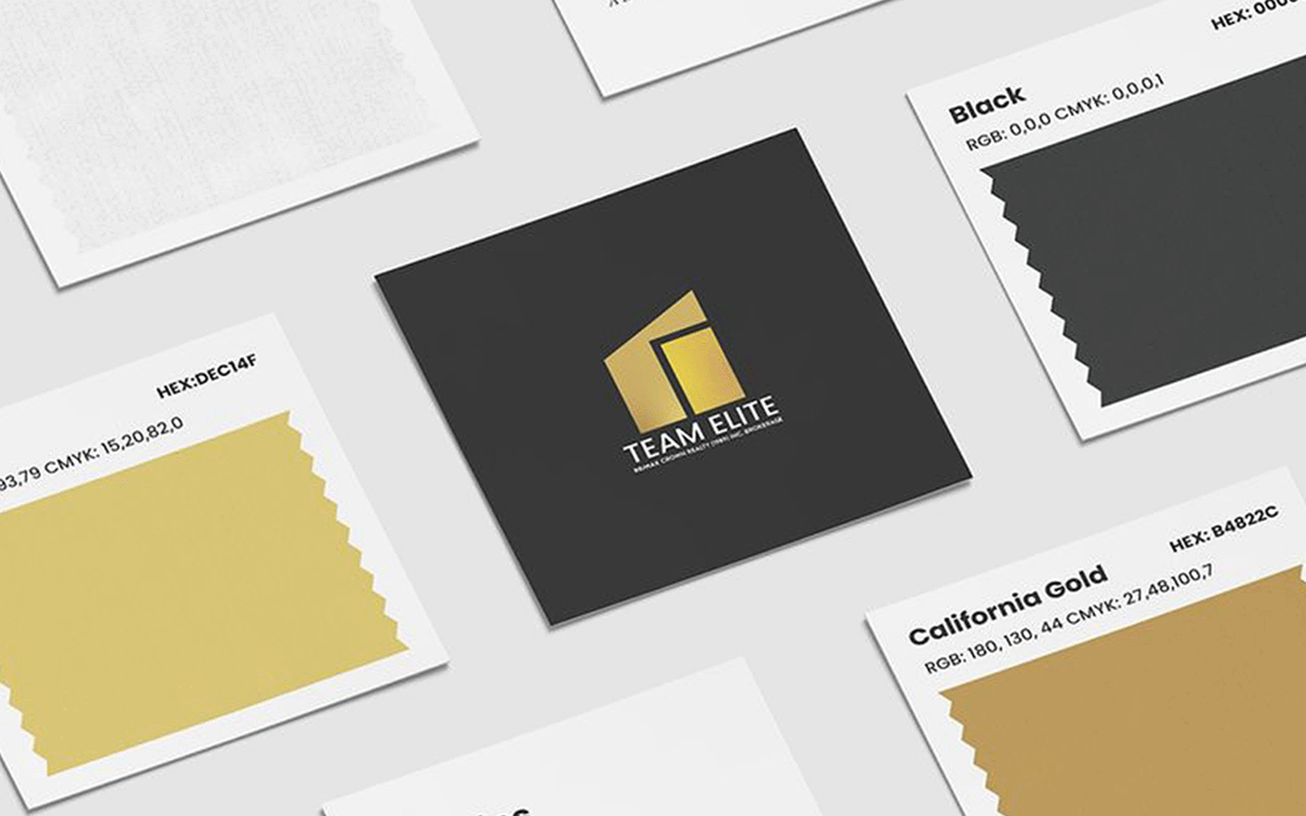 Team Elite real estate brand identity board showing the logo on black alongside gold, black, and tan colour swatches with hex codes.