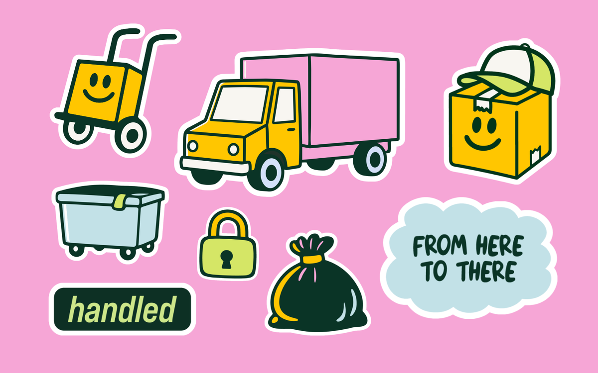 A sticker sheet of hand-drawn moving and delivery icons on a pink background, including a smiling hand truck, a delivery van, a smiling box with a cap, a storage bin, a padlock, a trash bag, a dark badge reading "handled," and a cloud-shaped badge reading "from here to there."