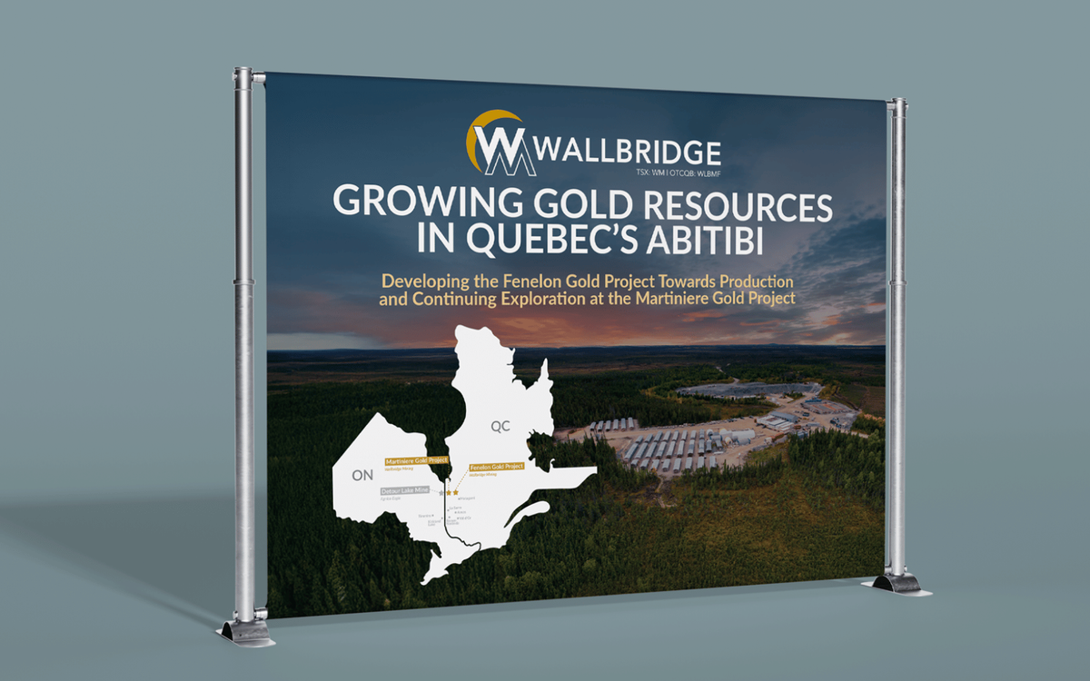 Large trade show backdrop banner for Wallbridge Mining featuring a gold project headline, aerial site photo, and regional map of Quebec.