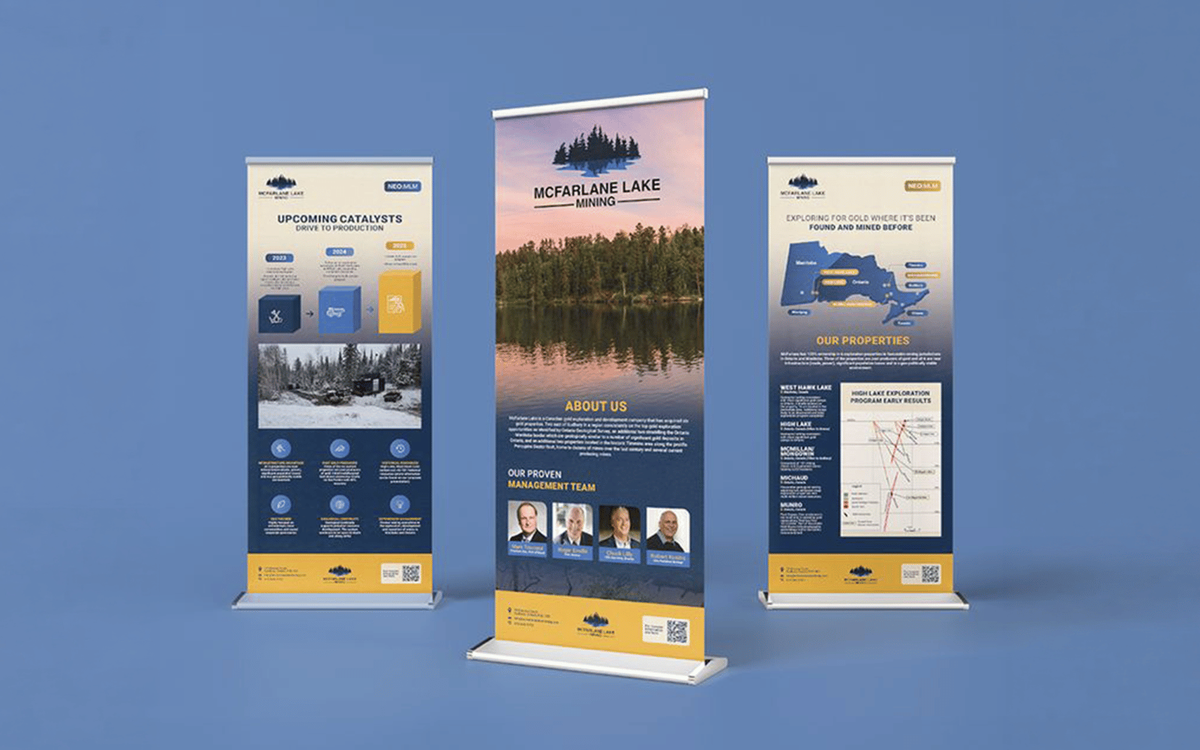 Three trade show banner stands for McFarlane Lake Mining, showing project catalysts, an about us section with photos of the management team, and a properties map with exploration results.