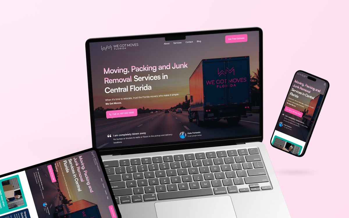 A laptop, tablet, and phone showing the We Got Moves Florida website across devices, with a moving truck hero image and the headline "Moving, Packing and Junk Removal Services in Central Florida."