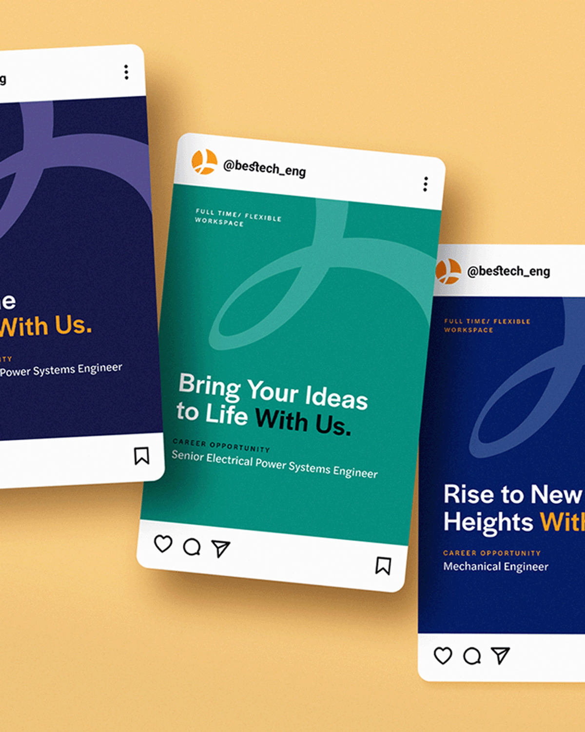 Three Instagram post mockups for Bestech engineering recruitment, featuring career opportunity posts for electrical and mechanical engineer roles.