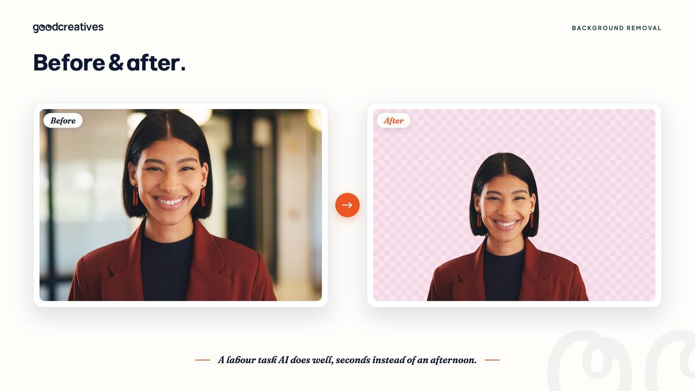 A portrait before and after its background is removed.