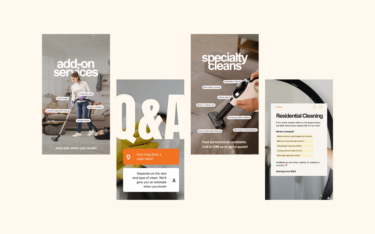 Four Pura Vida Cleaning Instagram Stories covering add-on services, a Q&A on clean duration, specialty cleans, and a residential cleaning service note.