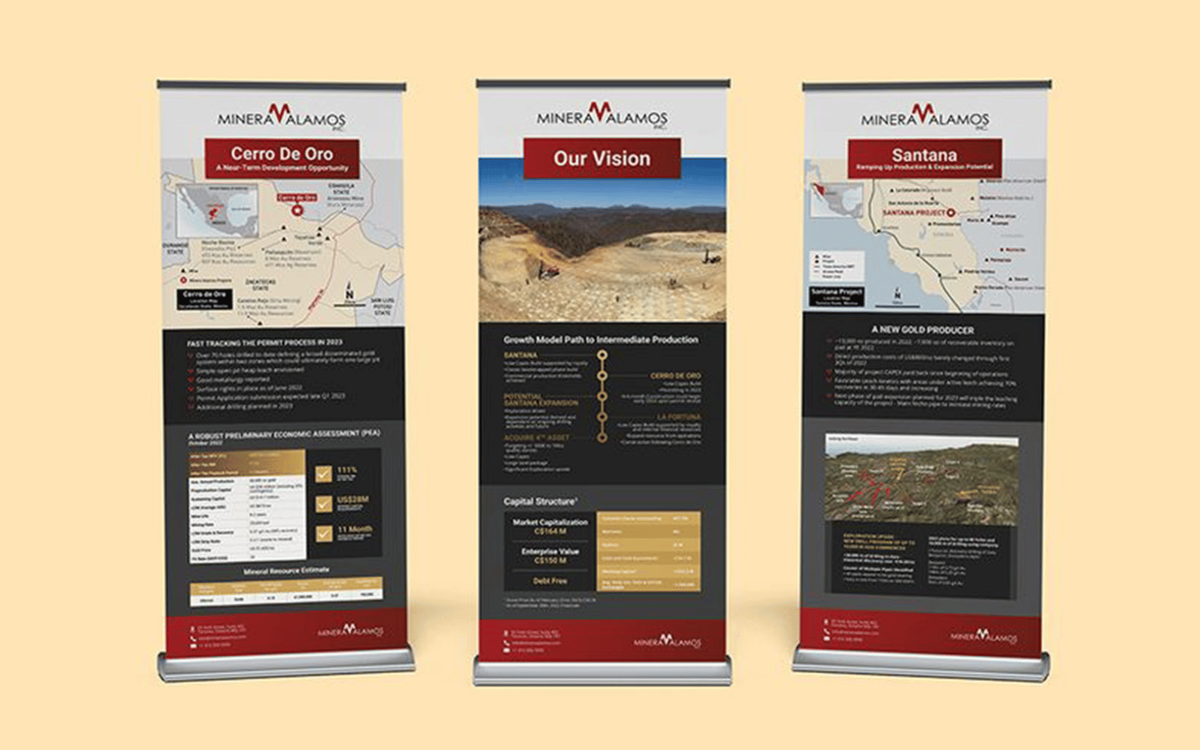 Three pull-up banner displays for Minera Alamos featuring mining project overviews, maps, financial data, and growth model diagrams.