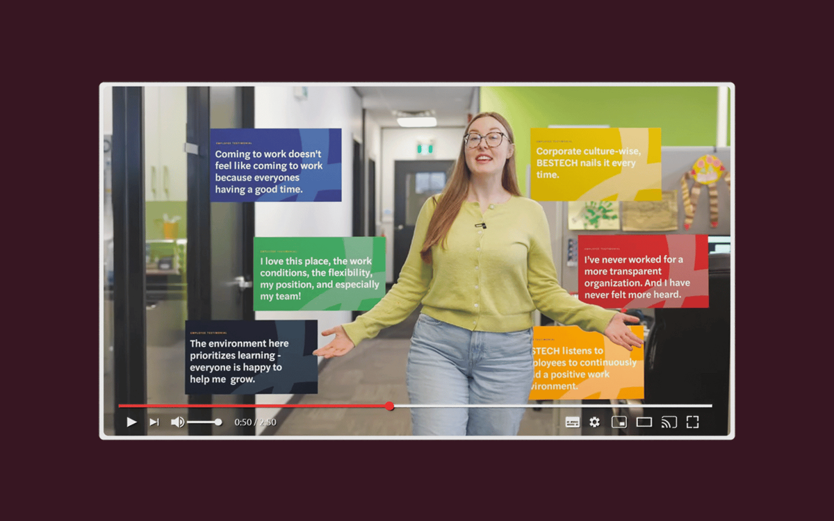 A video player showing a woman giving a workplace testimonial, surrounded by colorful employee quote overlays.