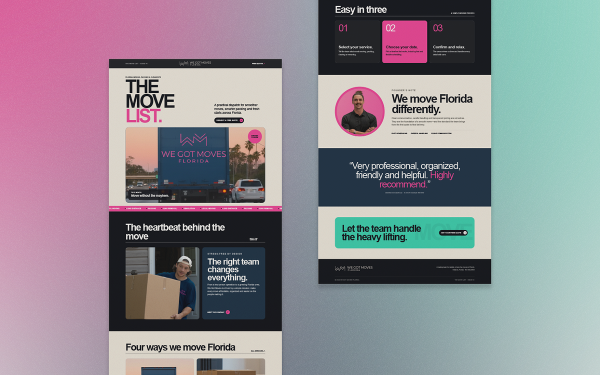 Two email newsletter layouts for a Florida moving company featuring a moving truck photo, three-step process, founder photo, and customer testimonial.