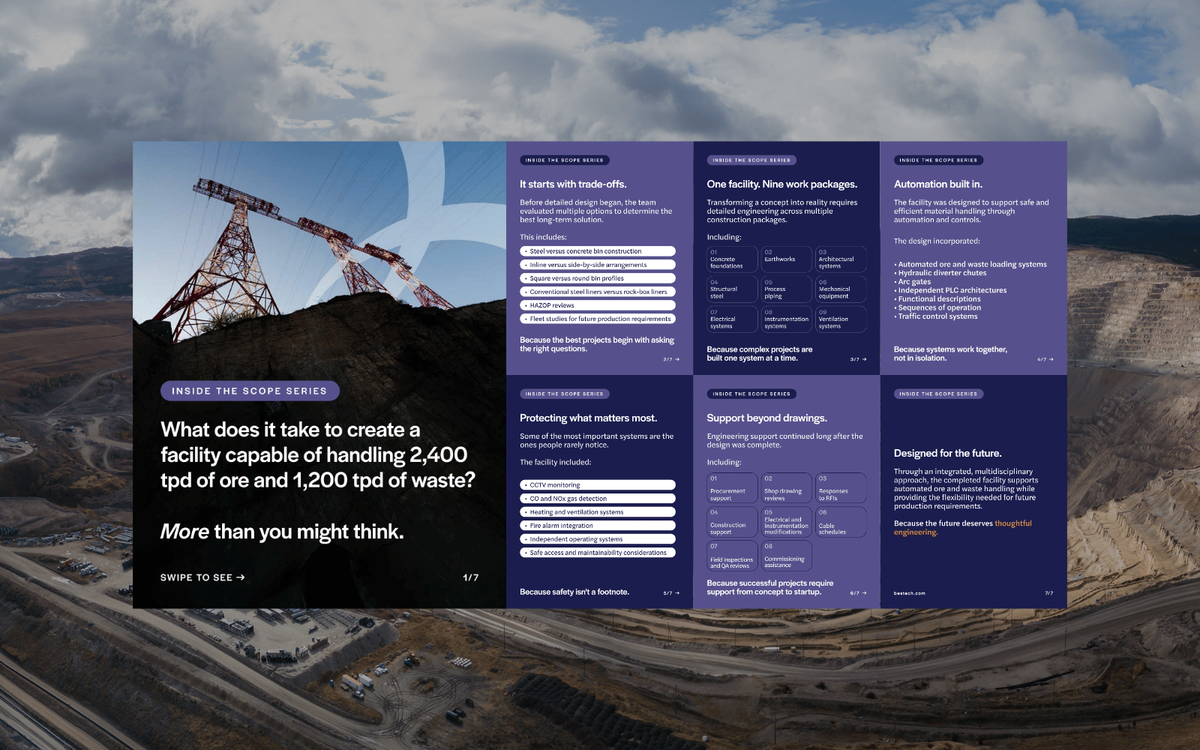 A seven-slide Instagram carousel for BESTECH titled "Inside the Scope Series," covering engineering trade-offs, construction packages, automation, safety systems, and project support, over a mining facility background.