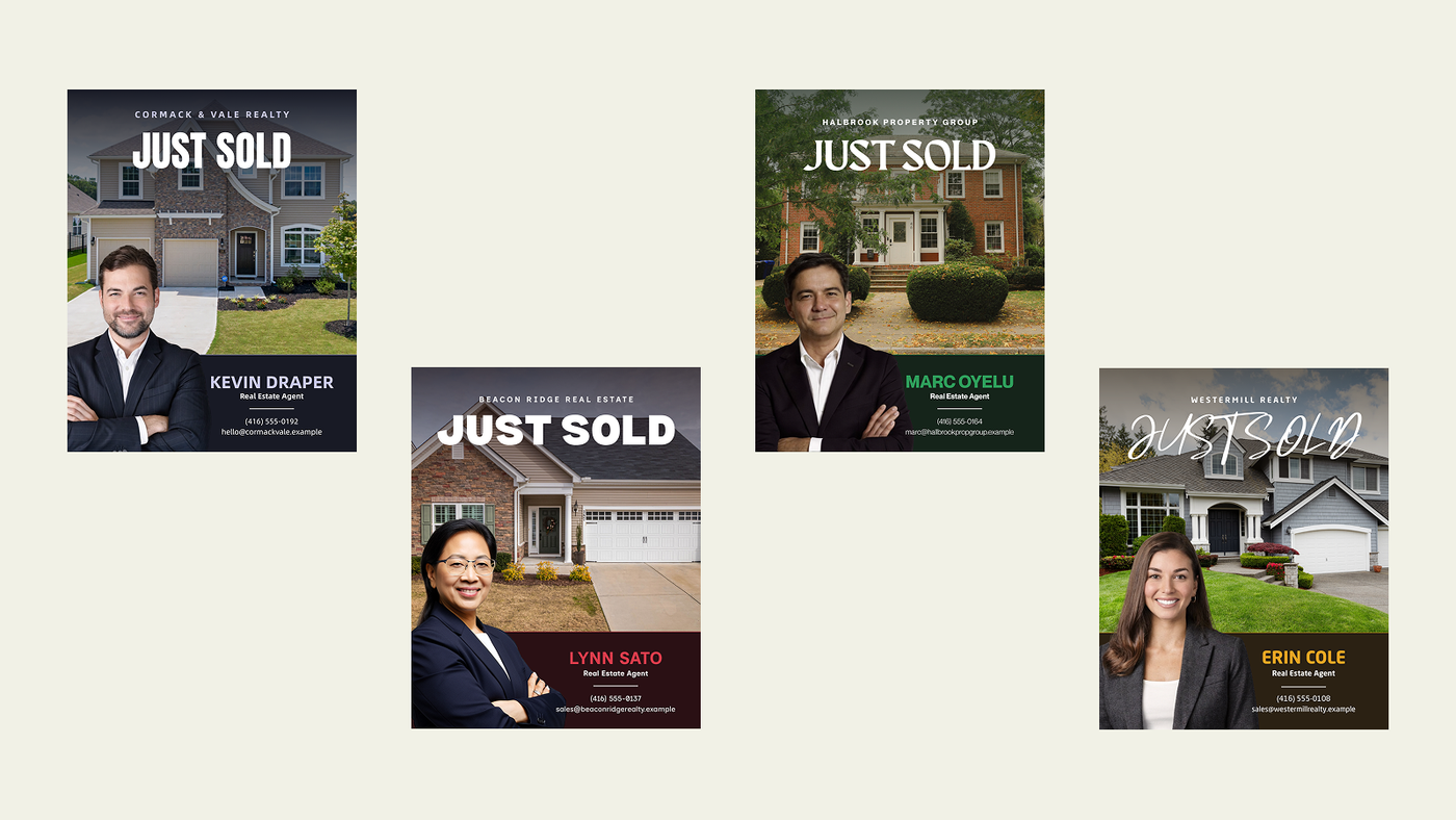 Four near-identical "Just Sold" posts from different agents and brokerages.