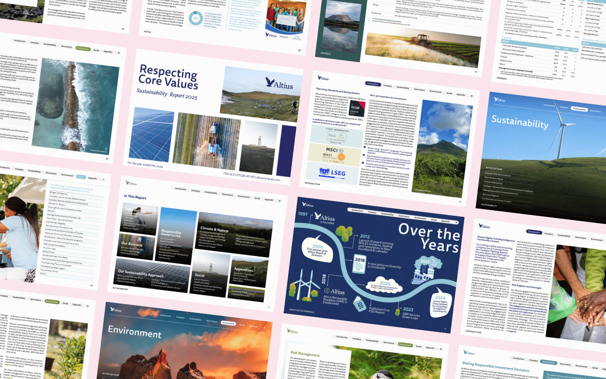 Pages from Altius Minerals' 2025 Sustainability Report, covering core values, environment, governance, and company milestones.