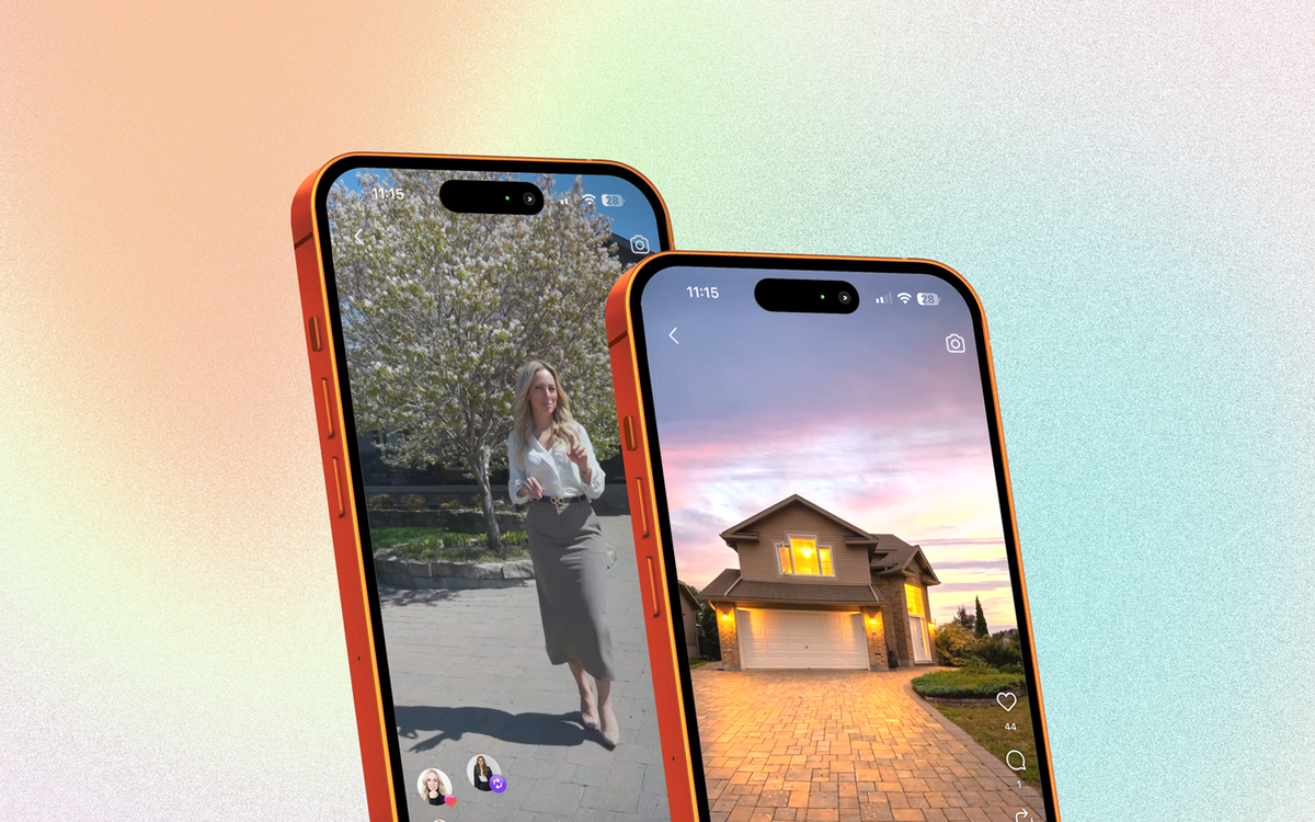 Two phone screens showing vertical real estate video content, one of an agent walking outdoors and one of a home exterior at dusk with likes and comments.