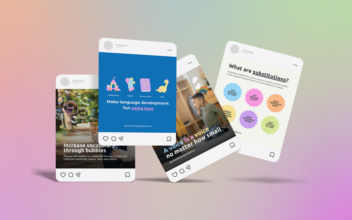 Four Instagram post mockups for a speech and language clinic, featuring child language development tips, toy suggestions, and a sound substitution guide.