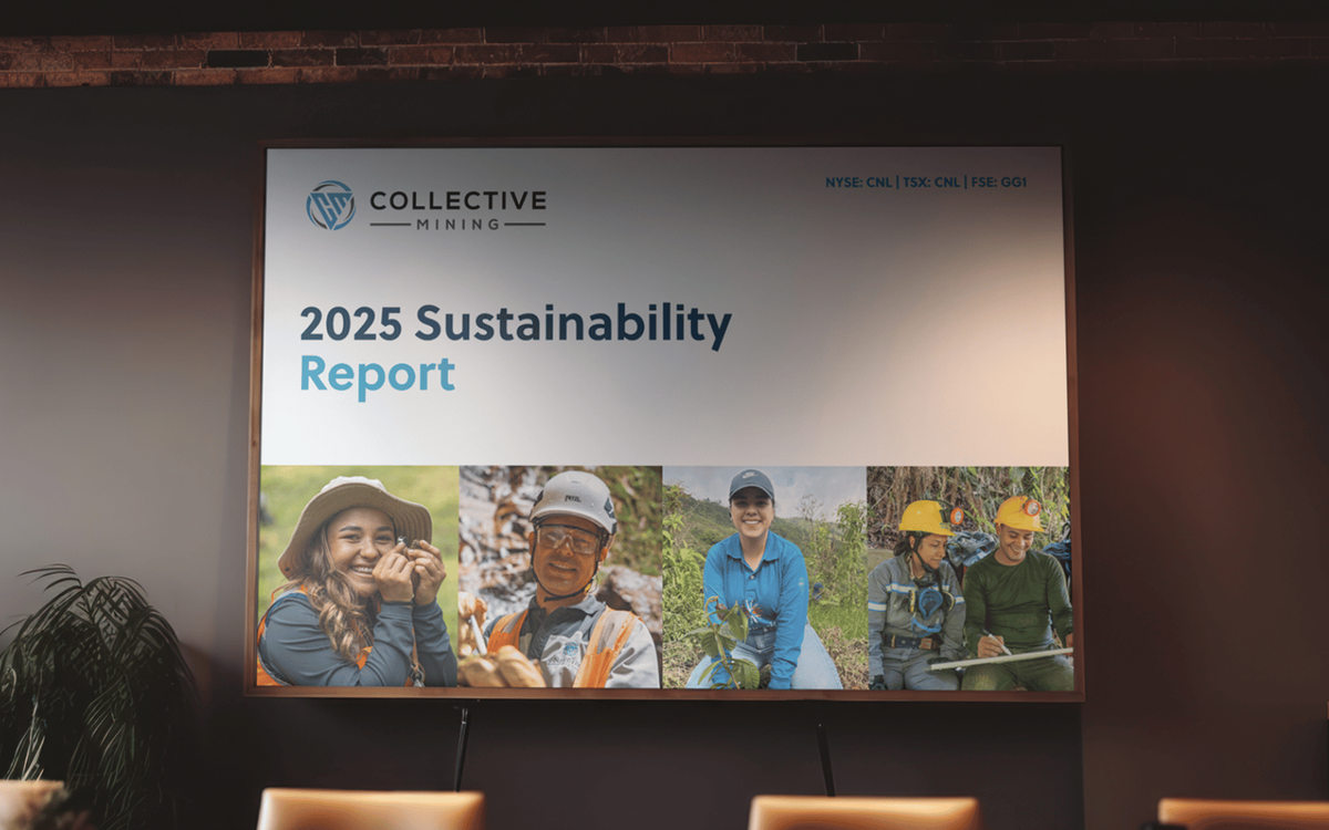 Boardroom screen displaying Collective Mining's 2025 Sustainability Report cover slide with four photos of mining staff at work sites.