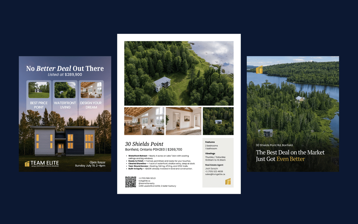 Three real estate marketing designs for Team Elite, including an open house social graphic, a listing flyer for 30 Shields Point with property photos and details, and an aerial waterfront property ad.