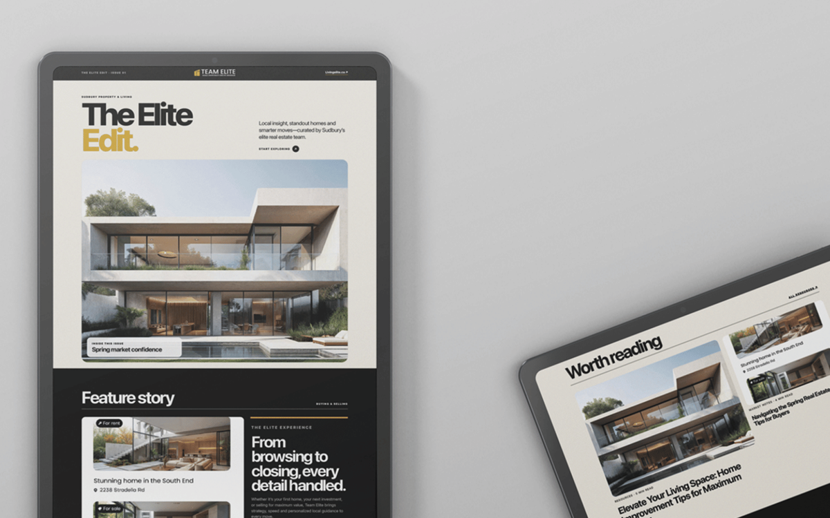 Two tablets displaying a real estate email newsletter with a property feature, market insight article, and a 'worth reading' article roundup.